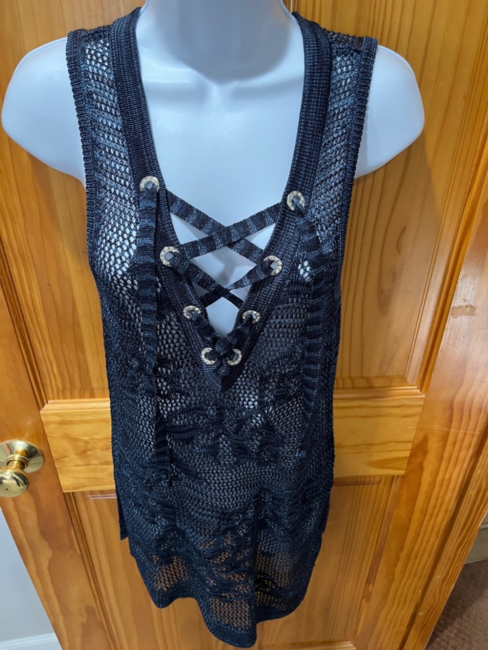 INC International Concepts Blue Crochet Lace-Up Beach Cover-Up/Top - Picture 5 of 10